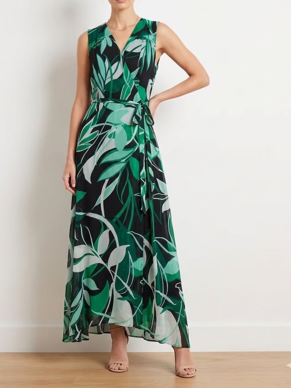 Calvin Klein Tropical Palm Leaf Chiffon Maxi Dress Sleeveless V-Neck🧡
